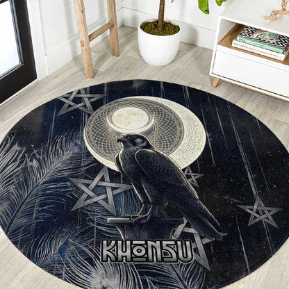 Khonsu Round Carpet Ancient Egyptian Dark Feather Pattern, Moonlit Raven Symbol, and Eye Lotus - African Pride
