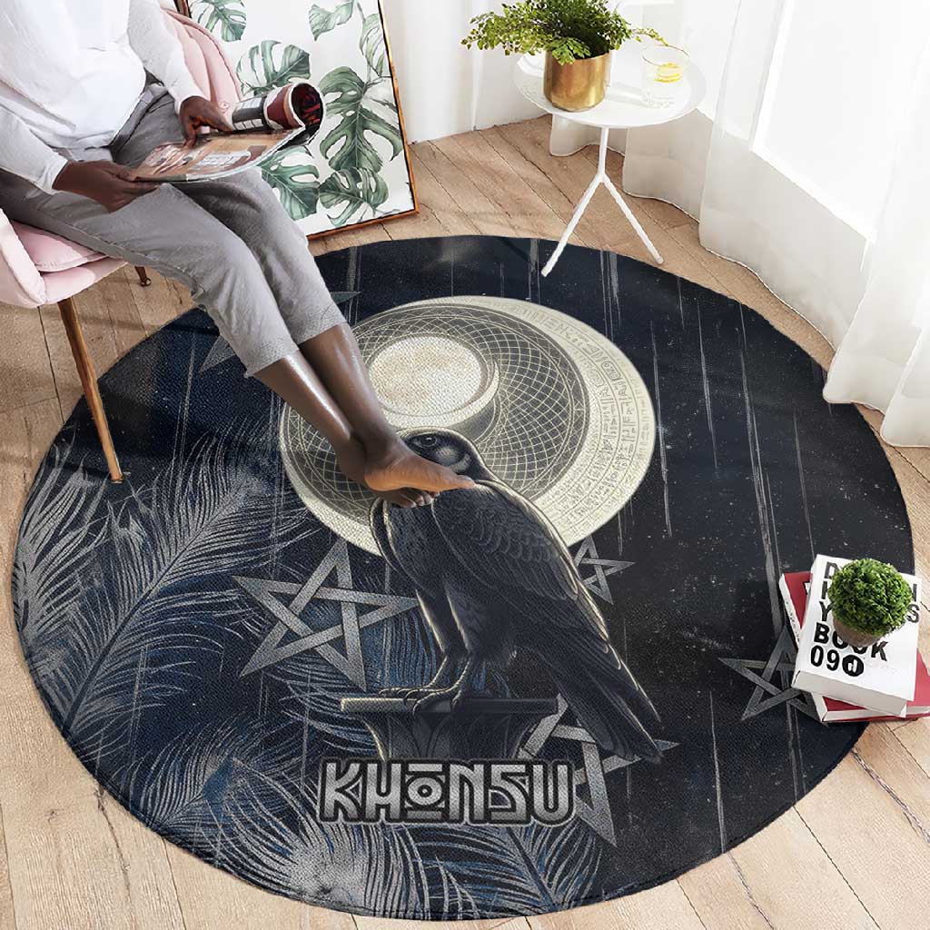 Khonsu Round Carpet Ancient Egyptian Dark Feather Pattern, Moonlit Raven Symbol, and Eye Lotus - African Pride