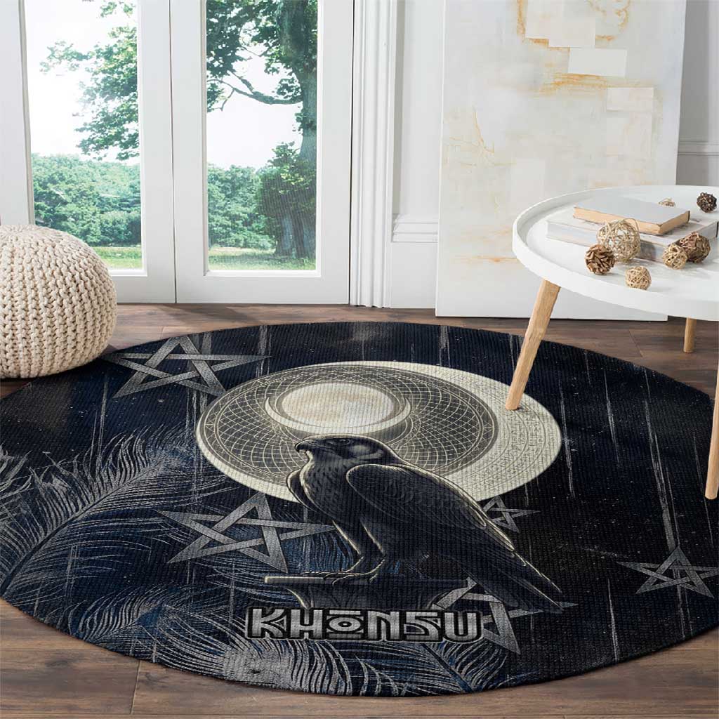 Khonsu Round Carpet Ancient Egyptian Dark Feather Pattern, Moonlit Raven Symbol, and Eye Lotus - African Pride
