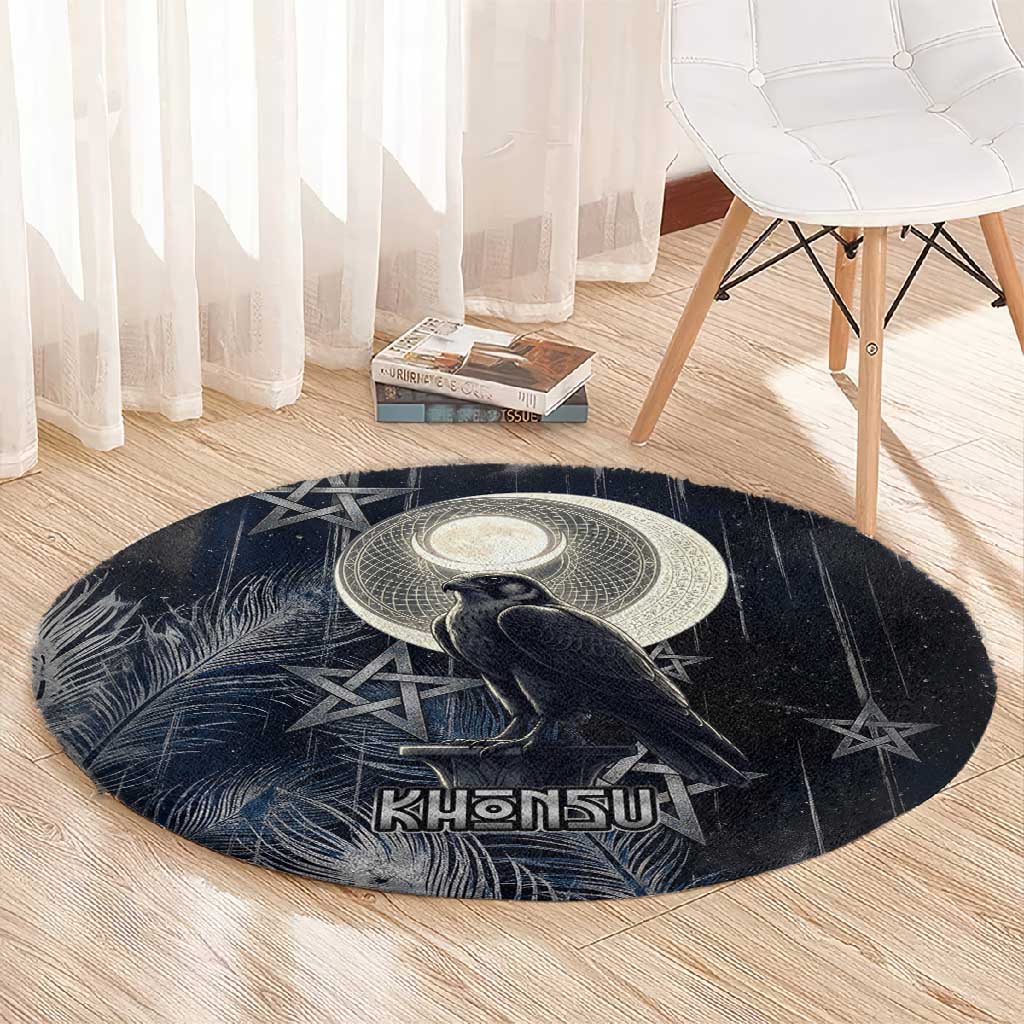 Khonsu Round Carpet Ancient Egyptian Dark Feather Pattern, Moonlit Raven Symbol, and Eye Lotus - African Pride