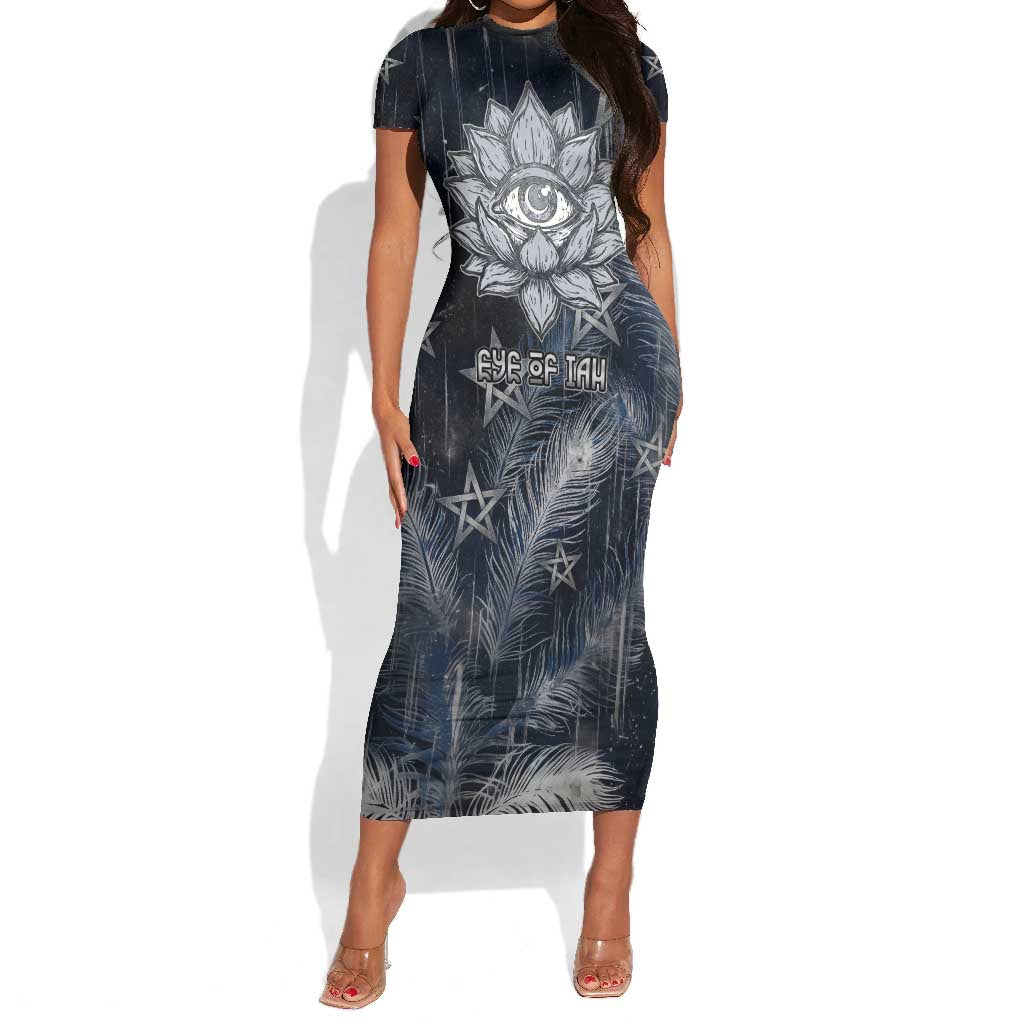 Khonsu Short Sleeve Bodycon Dress Ancient Egyptian Dark Feather Pattern, Moonlit Raven Symbol, and Eye Lotus - African Pride