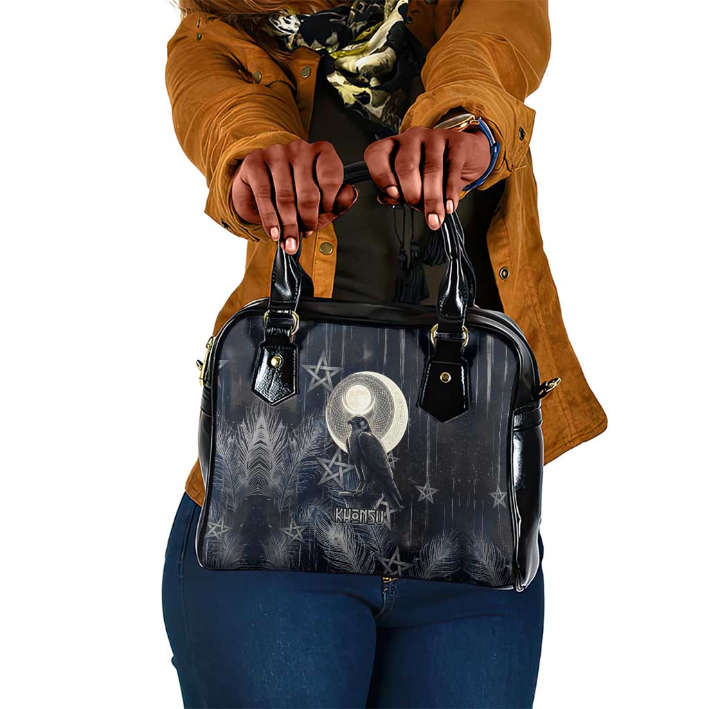 Khonsu Shoulder Handbag Ancient Egyptian Dark Feather Pattern, Moonlit Raven Symbol, and Eye Lotus - African Pride