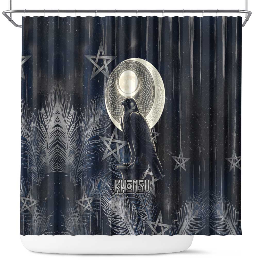 Khonsu Shower Curtain Ancient Egyptian Dark Feather Pattern, Moonlit Raven Symbol, and Eye Lotus - African Pride