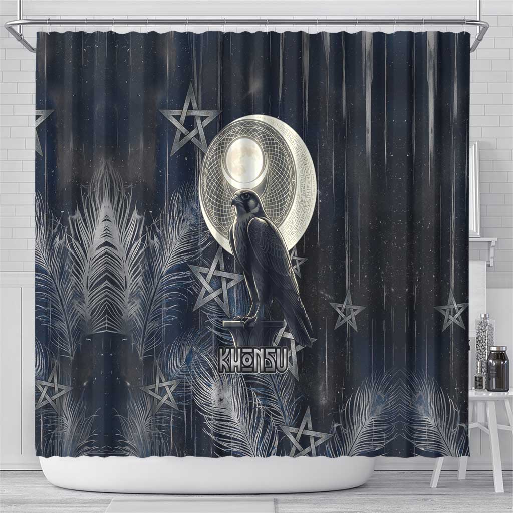 Khonsu Shower Curtain Ancient Egyptian Dark Feather Pattern, Moonlit Raven Symbol, and Eye Lotus - African Pride