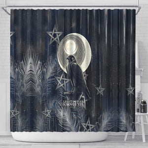 Khonsu Shower Curtain Ancient Egyptian Dark Feather Pattern, Moonlit Raven Symbol, and Eye Lotus - African Pride