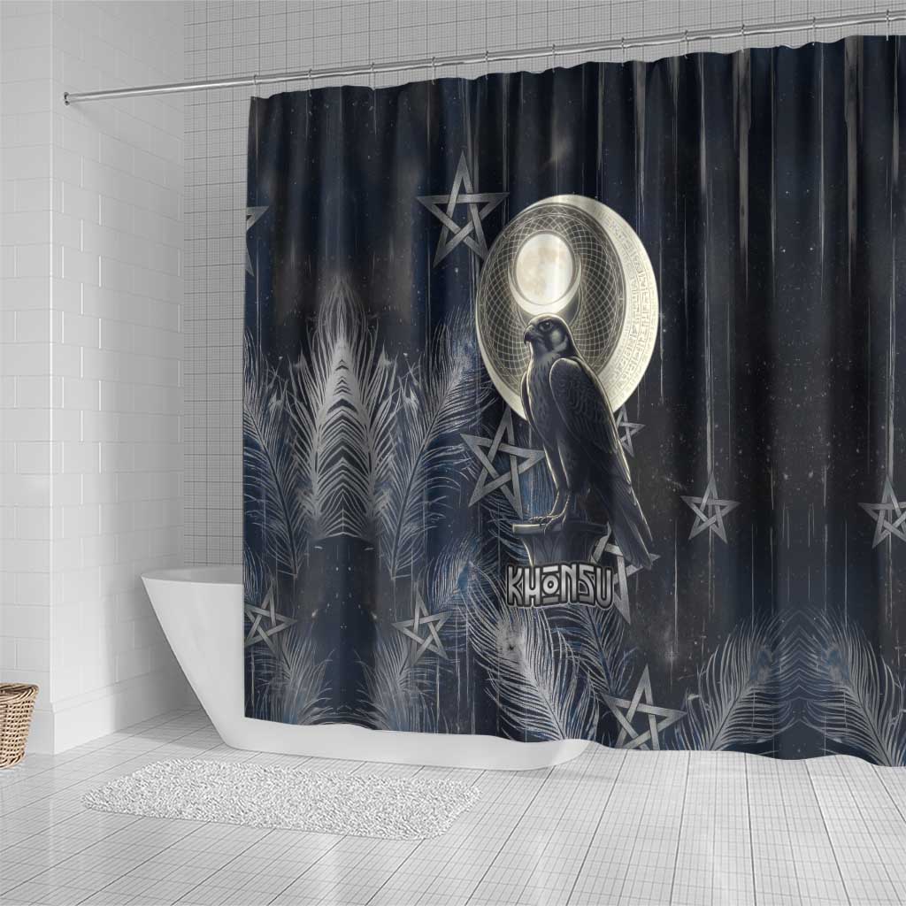 Khonsu Shower Curtain Ancient Egyptian Dark Feather Pattern, Moonlit Raven Symbol, and Eye Lotus - African Pride