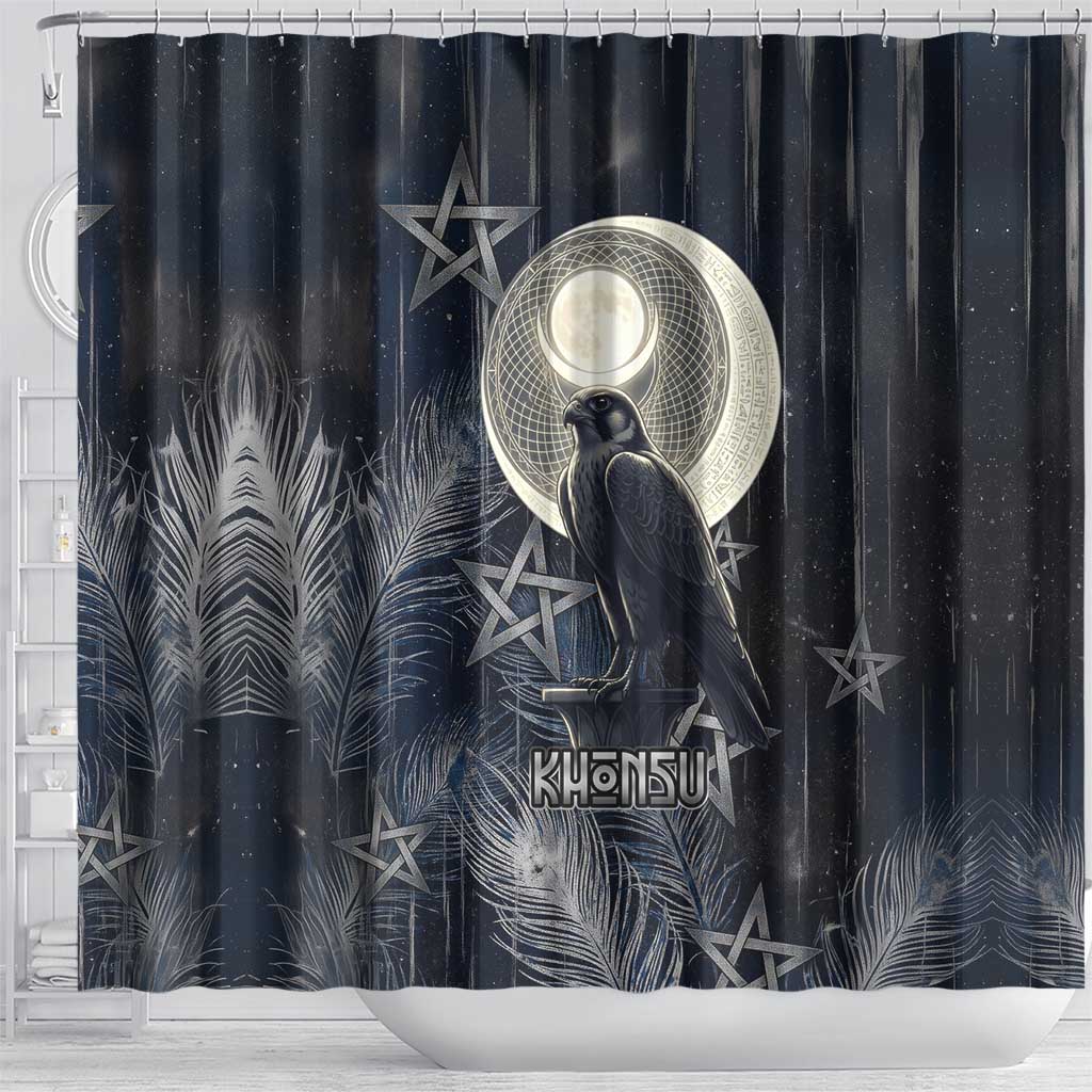 Khonsu Shower Curtain Ancient Egyptian Dark Feather Pattern, Moonlit Raven Symbol, and Eye Lotus - African Pride