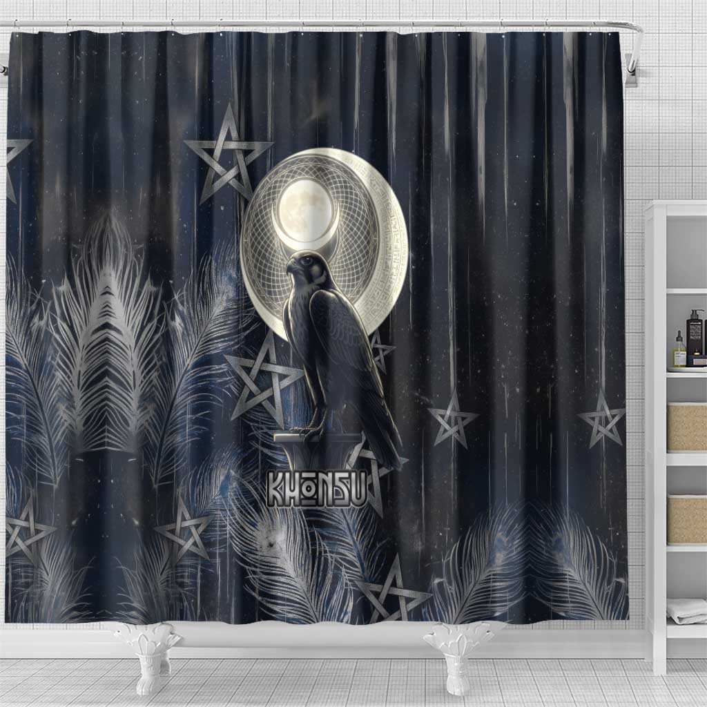 Khonsu Shower Curtain Ancient Egyptian Dark Feather Pattern, Moonlit Raven Symbol, and Eye Lotus - African Pride