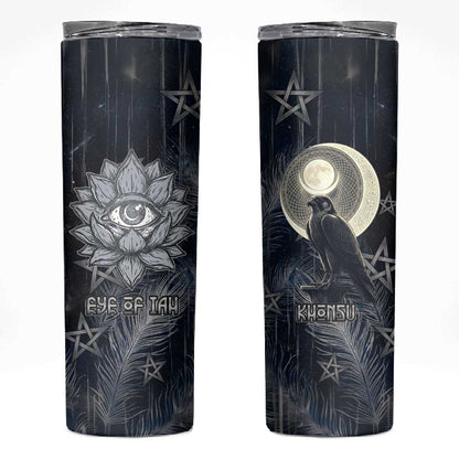 Khonsu Skinny Tumbler Ancient Egyptian Dark Feather Pattern, Moonlit Raven Symbol, and Eye Lotus - African Pride