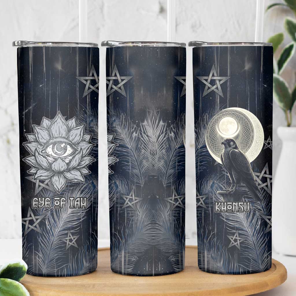Khonsu Skinny Tumbler Ancient Egyptian Dark Feather Pattern, Moonlit Raven Symbol, and Eye Lotus - African Pride
