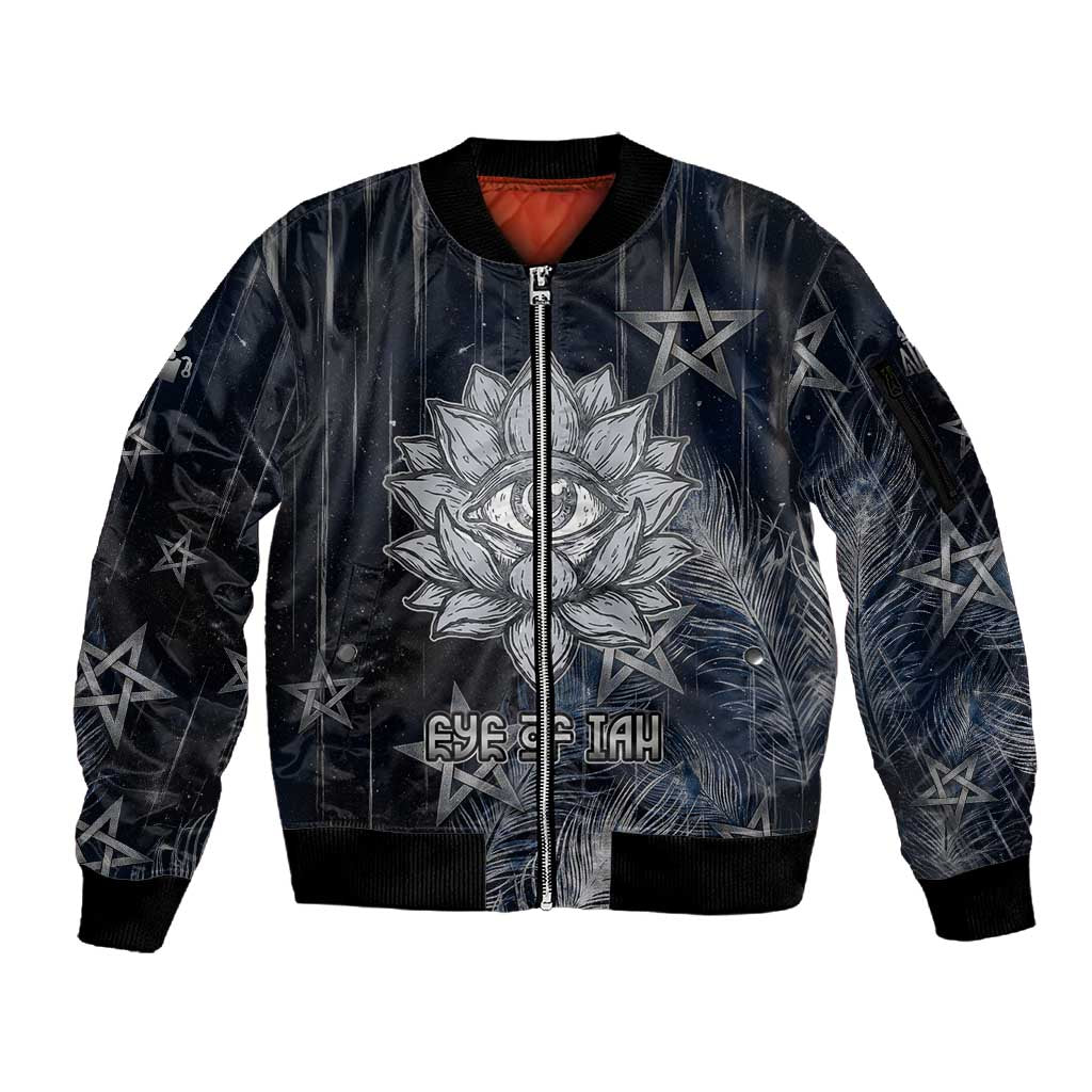 Khonsu Sleeve Zip Bomber Jacket Ancient Egyptian Dark Feather Pattern, Moonlit Raven Symbol, and Eye Lotus - African Pride