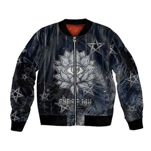 Khonsu Sleeve Zip Bomber Jacket Ancient Egyptian Dark Feather Pattern, Moonlit Raven Symbol, and Eye Lotus - African Pride