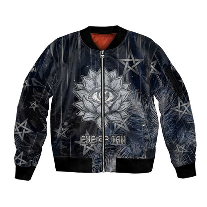 Khonsu Sleeve Zip Bomber Jacket Ancient Egyptian Dark Feather Pattern, Moonlit Raven Symbol, and Eye Lotus - African Pride