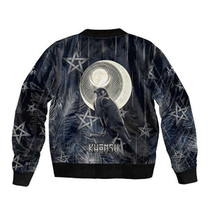 Khonsu Sleeve Zip Bomber Jacket Ancient Egyptian Dark Feather Pattern, Moonlit Raven Symbol, and Eye Lotus - African Pride