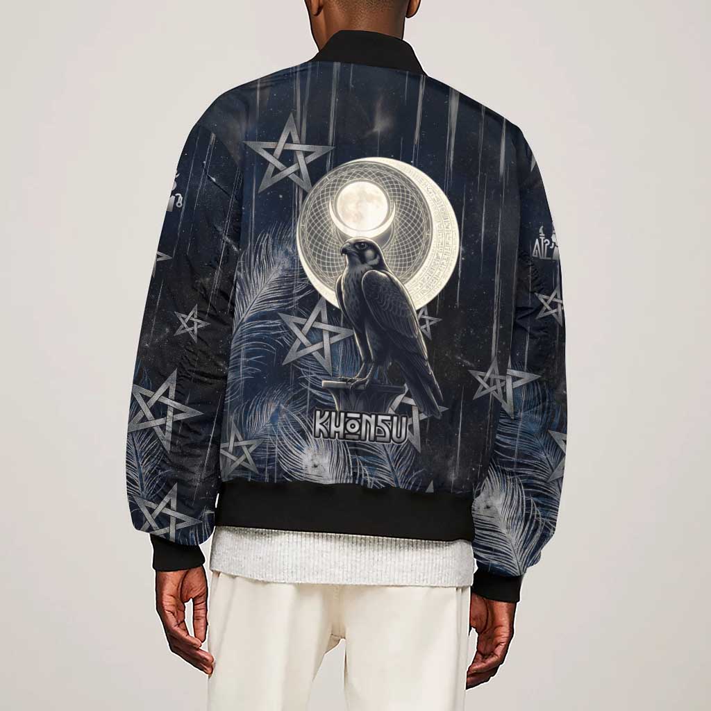 Khonsu Sleeve Zip Bomber Jacket Ancient Egyptian Dark Feather Pattern, Moonlit Raven Symbol, and Eye Lotus - African Pride