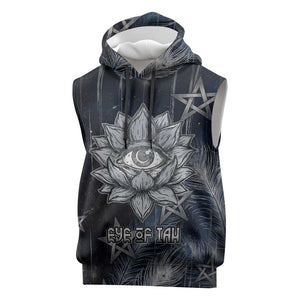 Khonsu Sleeveless Hoodie Ancient Egyptian Dark Feather Pattern, Moonlit Raven Symbol, and Eye Lotus - African Pride