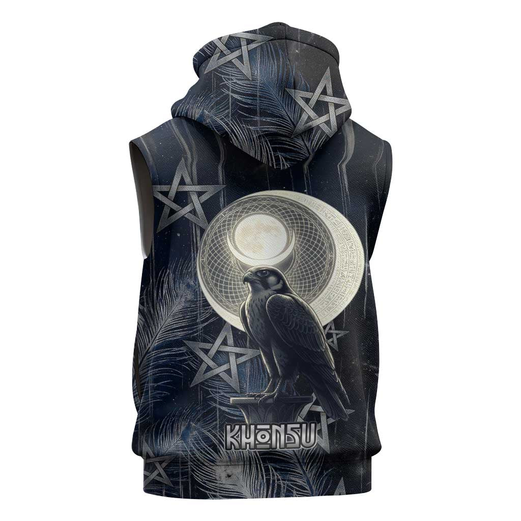 Khonsu Sleeveless Hoodie Ancient Egyptian Dark Feather Pattern, Moonlit Raven Symbol, and Eye Lotus - African Pride