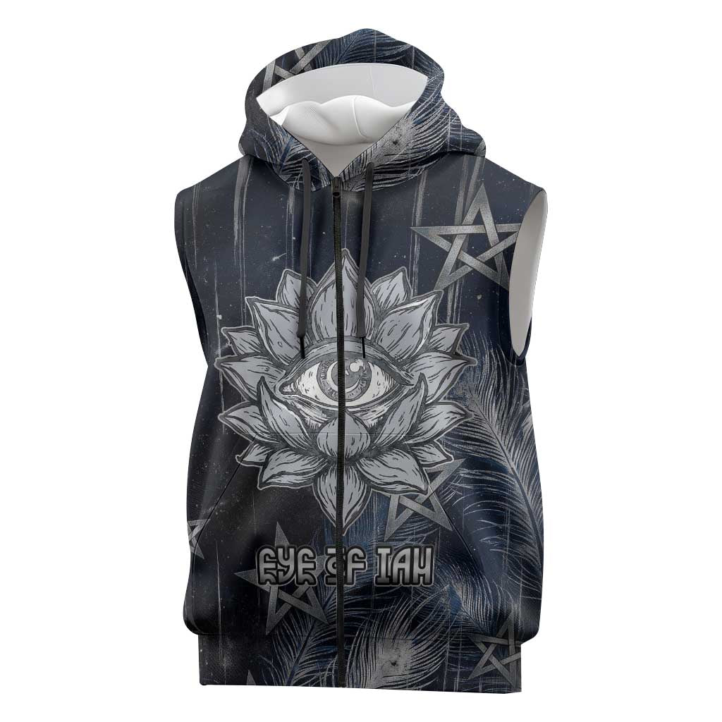 Khonsu Sleeveless Zip Hoodie Ancient Egyptian Dark Feather Pattern, Moonlit Raven Symbol, and Eye Lotus - African Pride