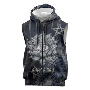 Khonsu Sleeveless Zip Hoodie Ancient Egyptian Dark Feather Pattern, Moonlit Raven Symbol, and Eye Lotus - African Pride