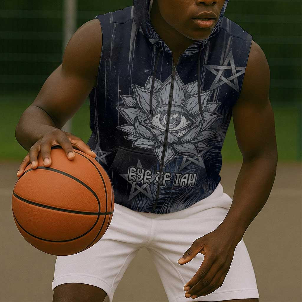 Khonsu Sleeveless Zip Hoodie Ancient Egyptian Dark Feather Pattern, Moonlit Raven Symbol, and Eye Lotus - African Pride