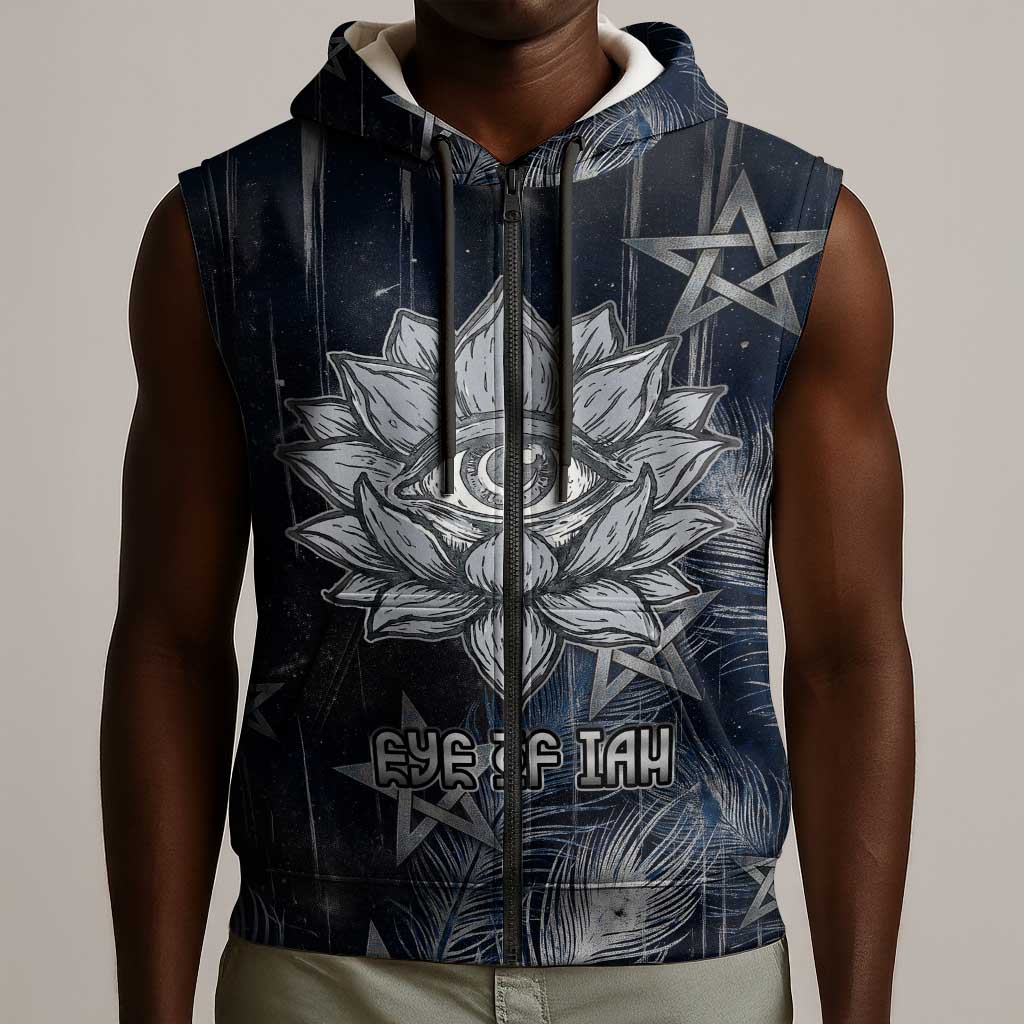 Khonsu Sleeveless Zip Hoodie Ancient Egyptian Dark Feather Pattern, Moonlit Raven Symbol, and Eye Lotus - African Pride