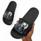 Khonsu Slide Sandals Ancient Egyptian Dark Feather Pattern, Moonlit Raven Symbol, and Eye Lotus - African Pride