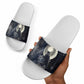 Khonsu Slide Sandals Ancient Egyptian Dark Feather Pattern, Moonlit Raven Symbol, and Eye Lotus - African Pride