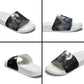 Khonsu Slide Sandals Ancient Egyptian Dark Feather Pattern, Moonlit Raven Symbol, and Eye Lotus - African Pride