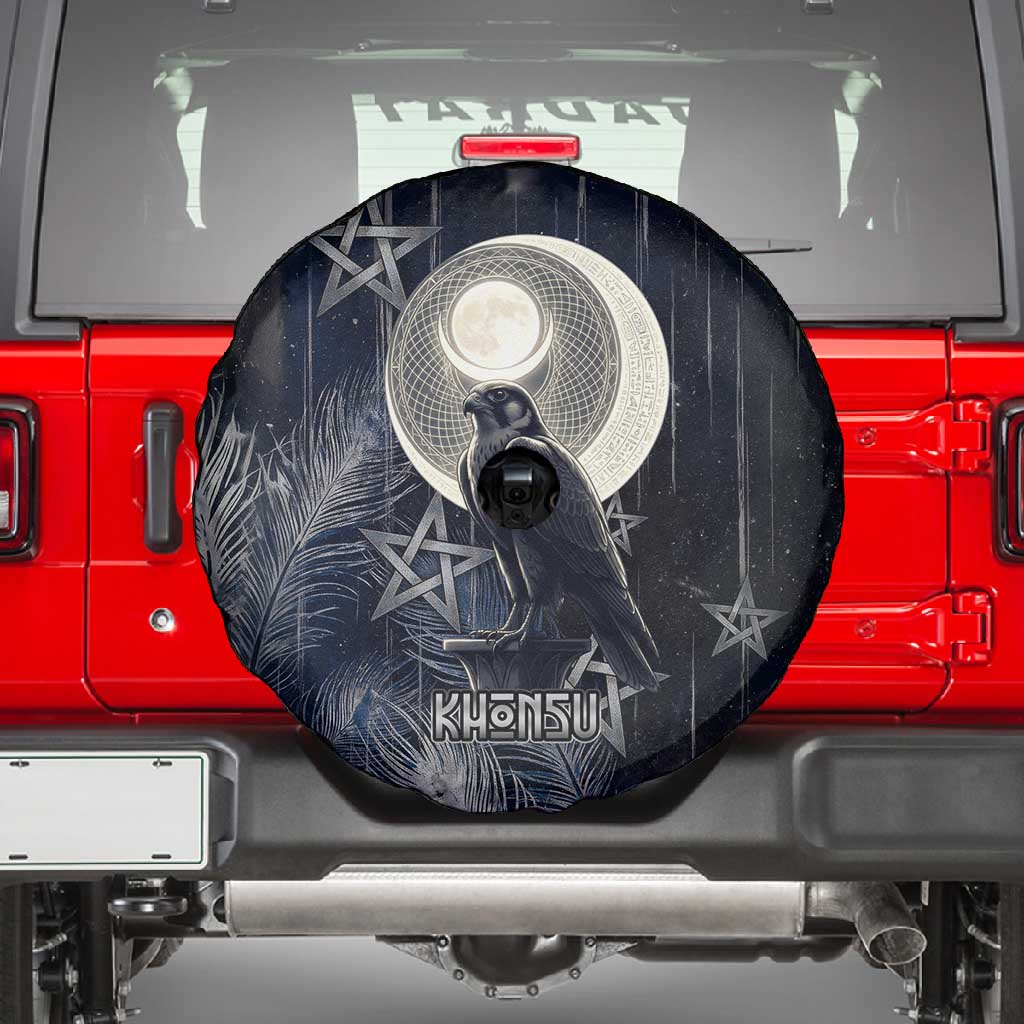 Khonsu Spare Tire Cover Ancient Egyptian Dark Feather Pattern, Moonlit Raven Symbol, and Eye Lotus - African Pride