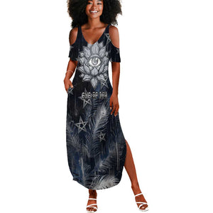 Khonsu Summer Maxi Dress Ancient Egyptian Dark Feather Pattern, Moonlit Raven Symbol, and Eye Lotus - African Pride