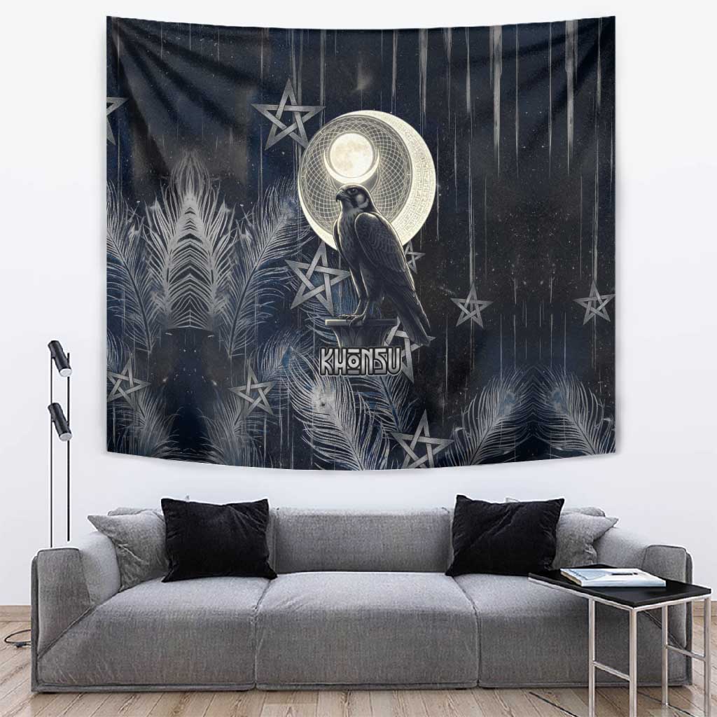 Khonsu Tapestry Ancient Egyptian Dark Feather Pattern, Moonlit Raven Symbol, and Eye Lotus - African Pride