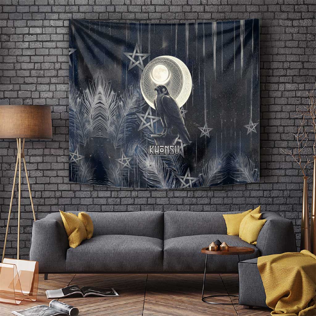 Khonsu Tapestry Ancient Egyptian Dark Feather Pattern, Moonlit Raven Symbol, and Eye Lotus - African Pride