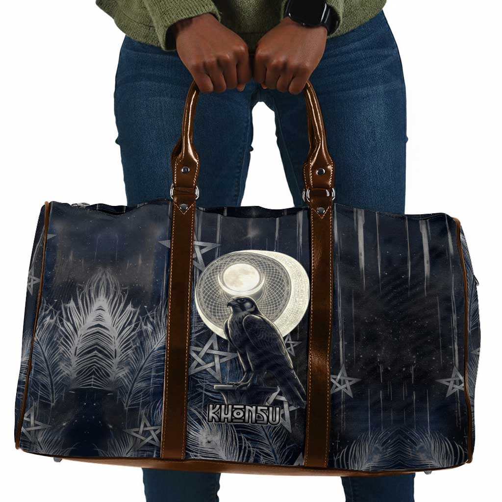 Khonsu Travel Bag Ancient Egyptian Dark Feather Pattern, Moonlit Raven Symbol, and Eye Lotus - African Pride