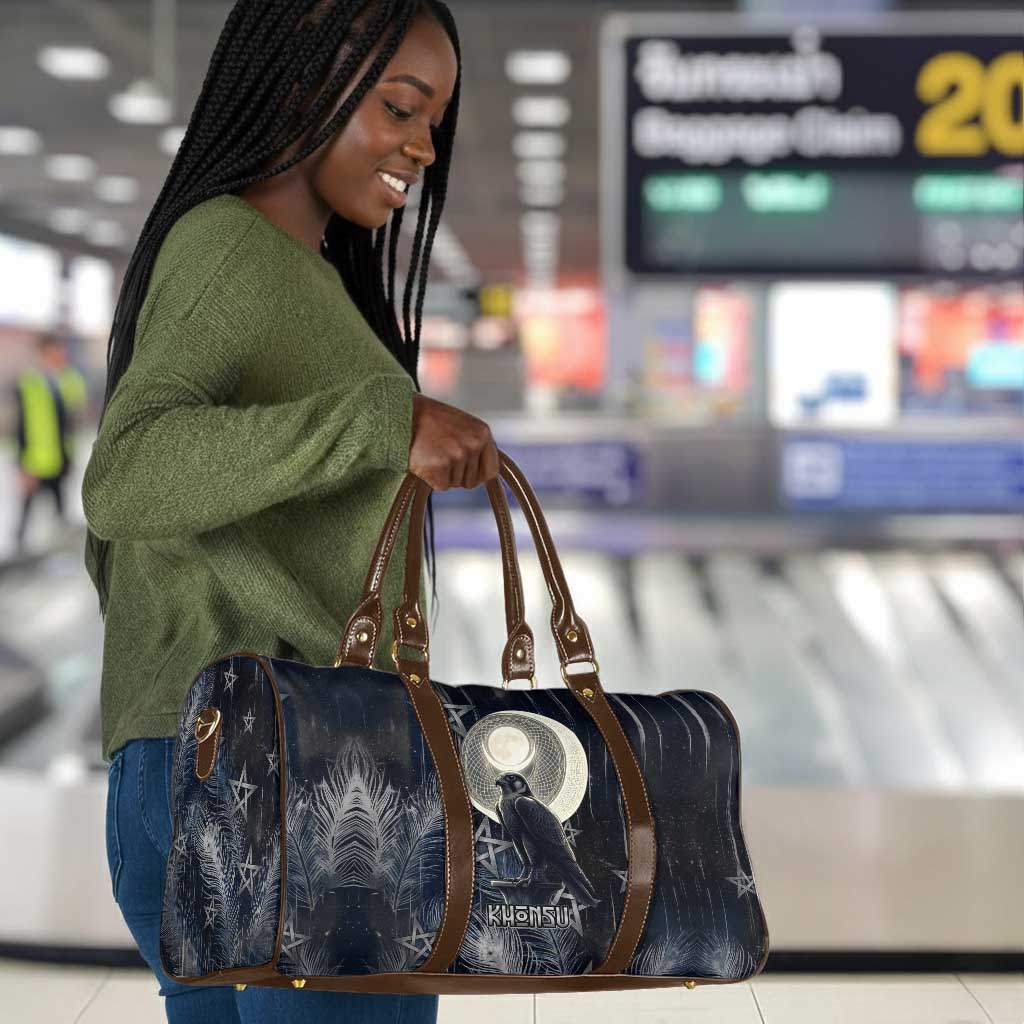 Khonsu Travel Bag Ancient Egyptian Dark Feather Pattern, Moonlit Raven Symbol, and Eye Lotus - African Pride