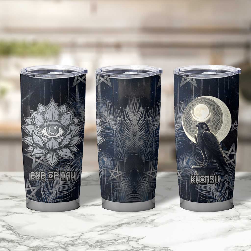 Khonsu Tumbler Cup Ancient Egyptian Dark Feather Pattern, Moonlit Raven Symbol, and Eye Lotus - African Pride