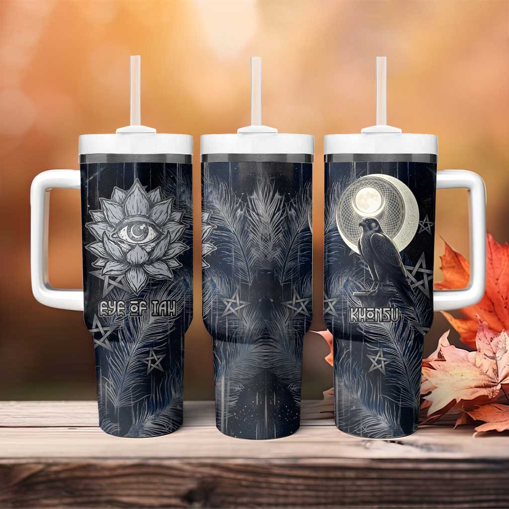 Khonsu Tumbler With Handle Ancient Egyptian Dark Feather Pattern, Moonlit Raven Symbol, and Eye Lotus - African Pride