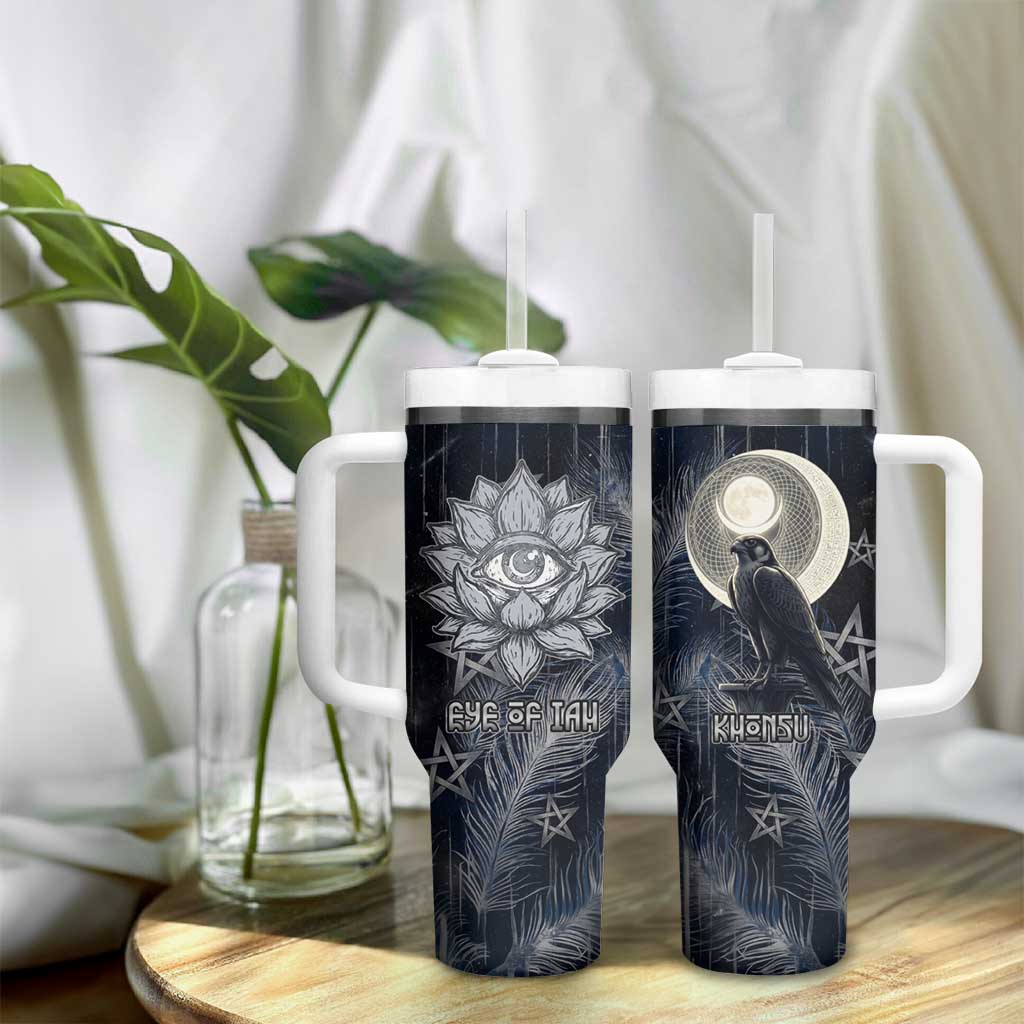 Khonsu Tumbler With Handle Ancient Egyptian Dark Feather Pattern, Moonlit Raven Symbol, and Eye Lotus - African Pride