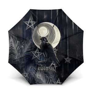 Khonsu Umbrella Ancient Egyptian Dark Feather Pattern, Moonlit Raven Symbol, and Eye Lotus - African Pride