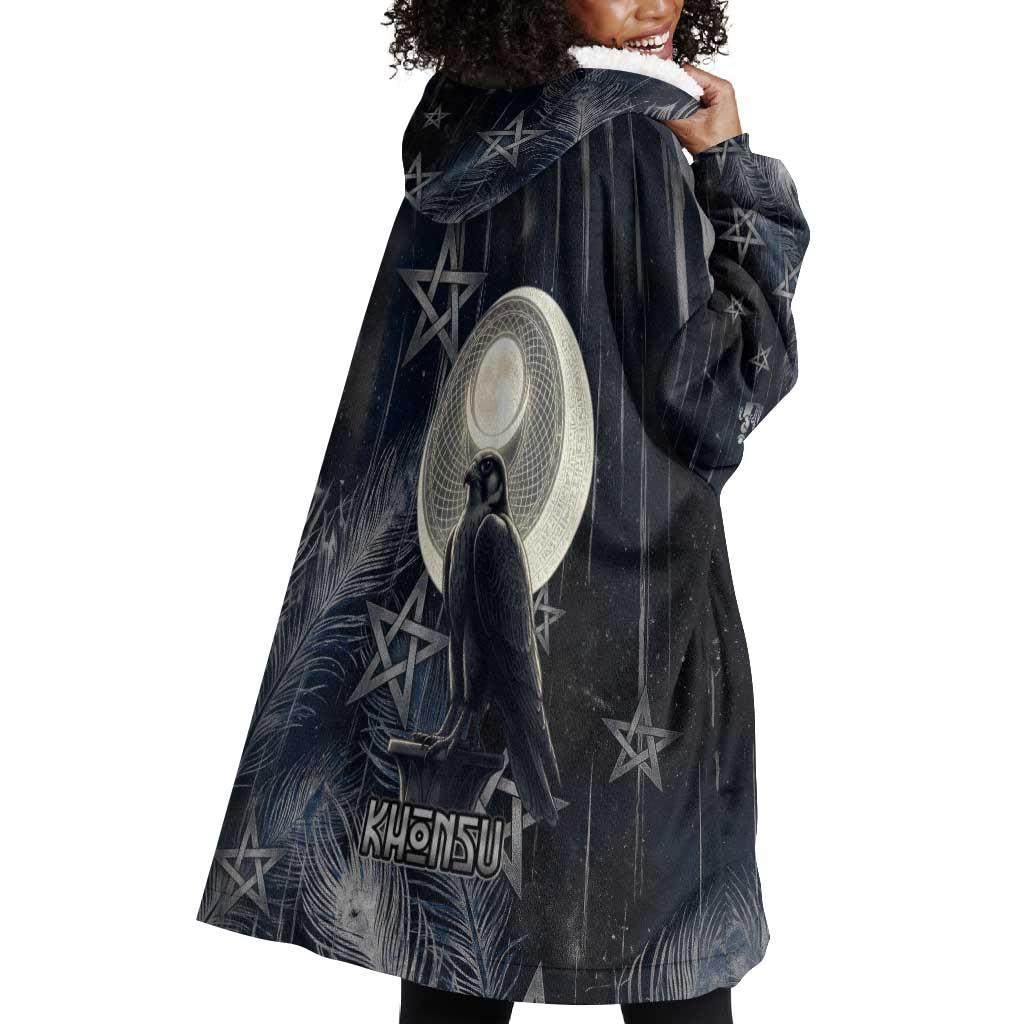 Khonsu Wearable Blanket Hoodie Ancient Egyptian Dark Feather Pattern, Moonlit Raven Symbol, and Eye Lotus - African Pride