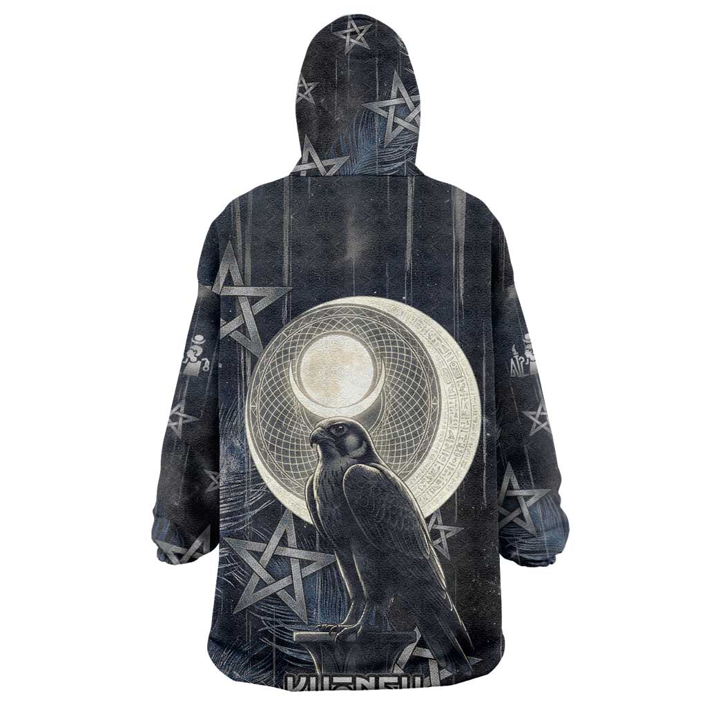 Khonsu Wearable Blanket Hoodie Ancient Egyptian Dark Feather Pattern, Moonlit Raven Symbol, and Eye Lotus - African Pride