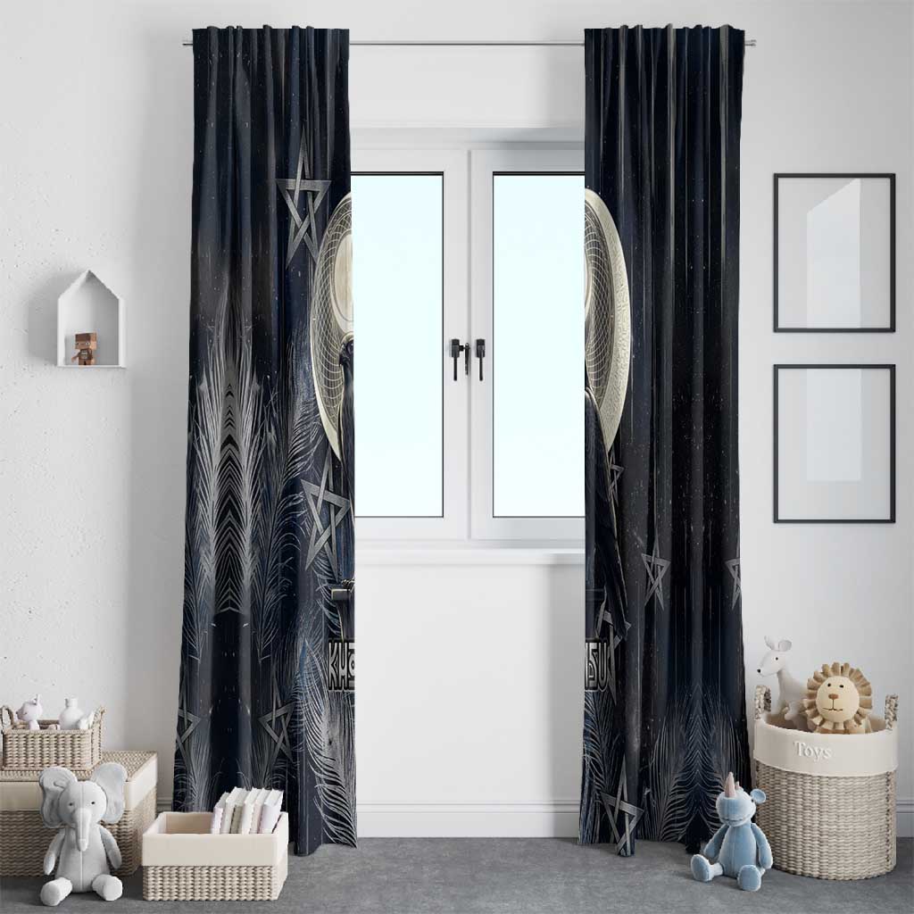 Khonsu Window Curtain Ancient Egyptian Dark Feather Pattern, Moonlit Raven Symbol, and Eye Lotus - African Pride