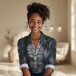 Khonsu Women Casual Shirt Ancient Egyptian Dark Feather Pattern, Moonlit Raven Symbol, and Eye Lotus - African Pride