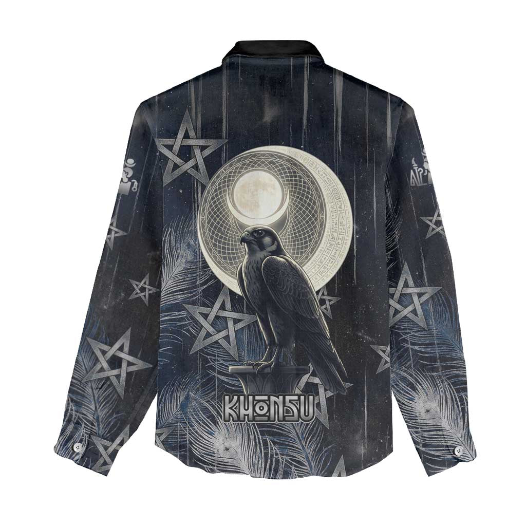 Khonsu Women Casual Shirt Ancient Egyptian Dark Feather Pattern, Moonlit Raven Symbol, and Eye Lotus - African Pride