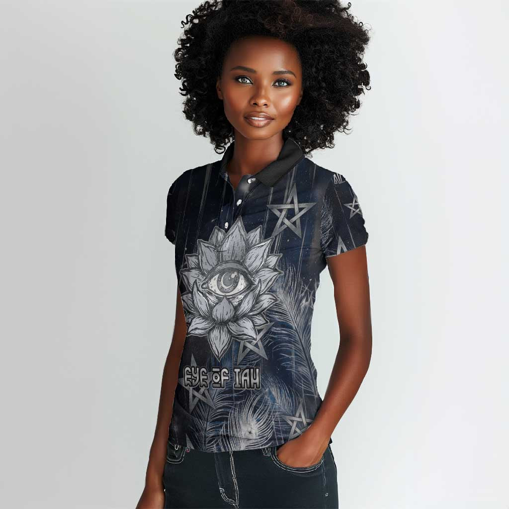 Khonsu Women Polo Shirt Ancient Egyptian Dark Feather Pattern, Moonlit Raven Symbol, and Eye Lotus - African Pride