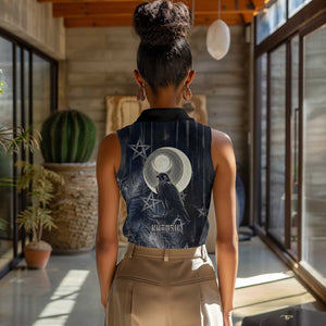Khonsu Women Sleeveless Polo Shirt Ancient Egyptian Dark Feather Pattern, Moonlit Raven Symbol, and Eye Lotus - African Pride