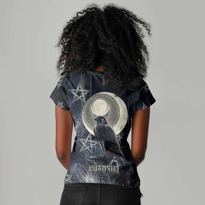 Khonsu Women V-Neck T-Shirt Ancient Egyptian Dark Feather Pattern, Moonlit Raven Symbol, and Eye Lotus - African Pride