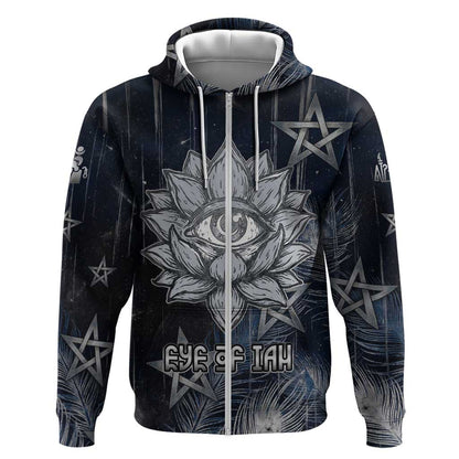 Khonsu Zip Hoodie Ancient Egyptian Dark Feather Pattern, Moonlit Raven Symbol, and Eye Lotus - African Pride