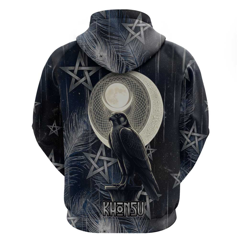 Khonsu Zip Hoodie Ancient Egyptian Dark Feather Pattern, Moonlit Raven Symbol, and Eye Lotus - African Pride