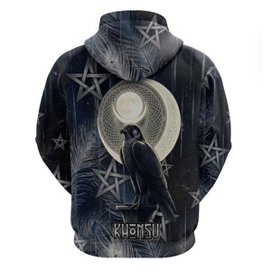 Khonsu Zip Hoodie Ancient Egyptian Dark Feather Pattern, Moonlit Raven Symbol, and Eye Lotus - African Pride
