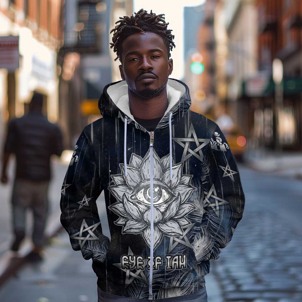 Khonsu Zip Hoodie Ancient Egyptian Dark Feather Pattern, Moonlit Raven Symbol, and Eye Lotus - African Pride